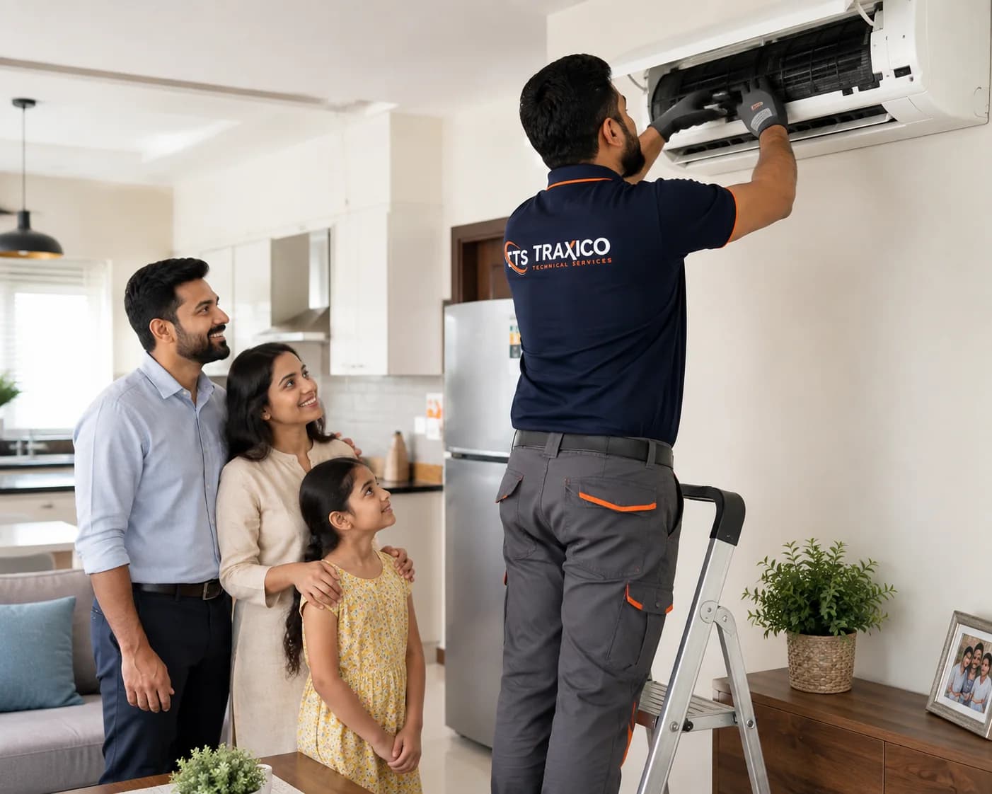 A TRAXICO technician on a step ladder servicing a wall-mounted AC unit while a family watches from the living room